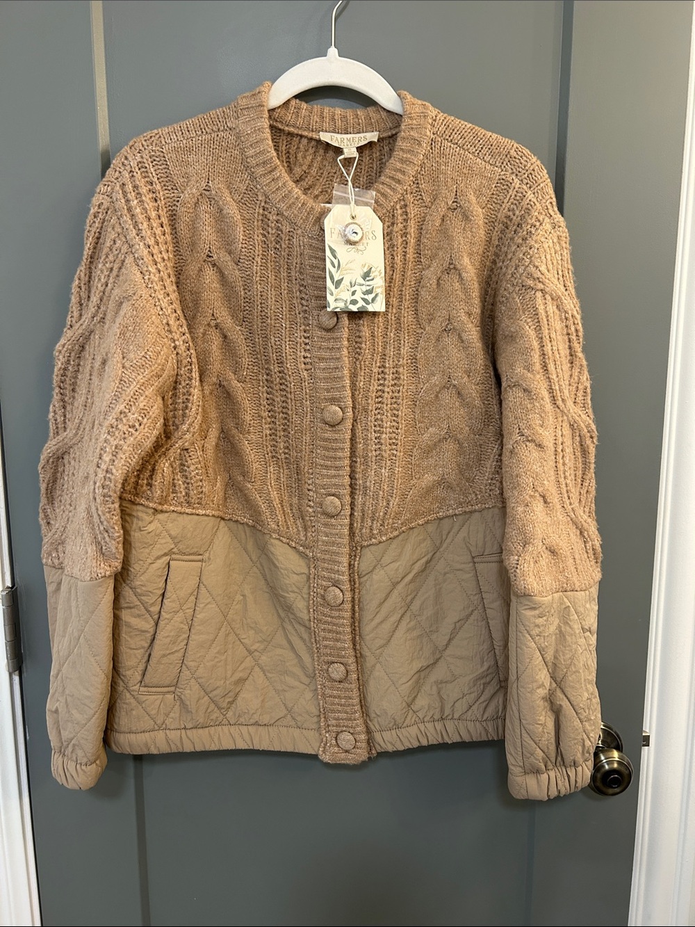 Farmers Market Quilted Cable-Knit Bomber Jacket - Beige size small